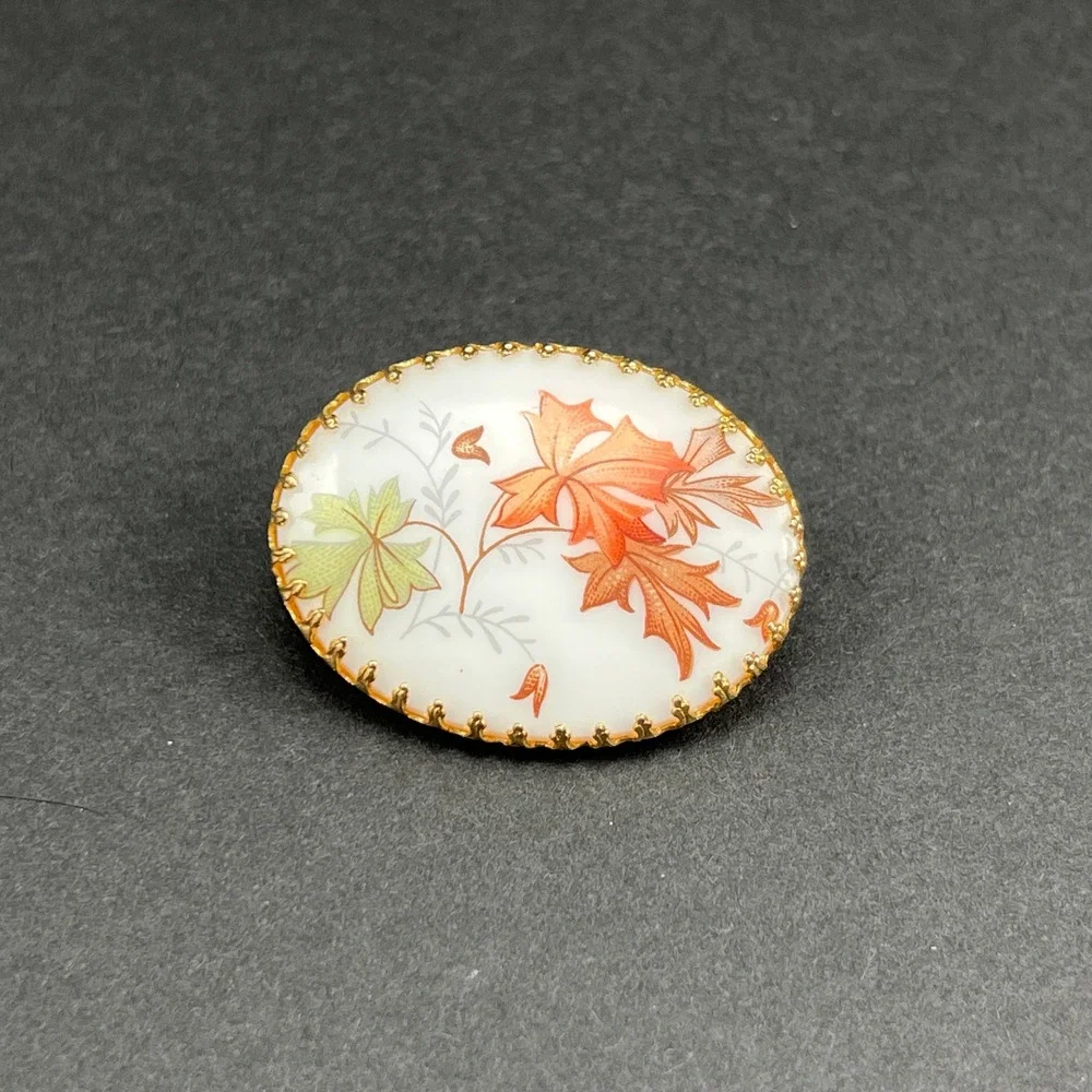 Vintage Brooch Maple Leaf Milk Glass Gold Tone Milk Glass Fall Leaves Pin